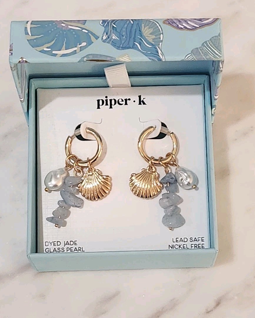 NiB! Piper K Dyed Blue Jade Glass Pearl, Seashell Gold Dangle Earrings