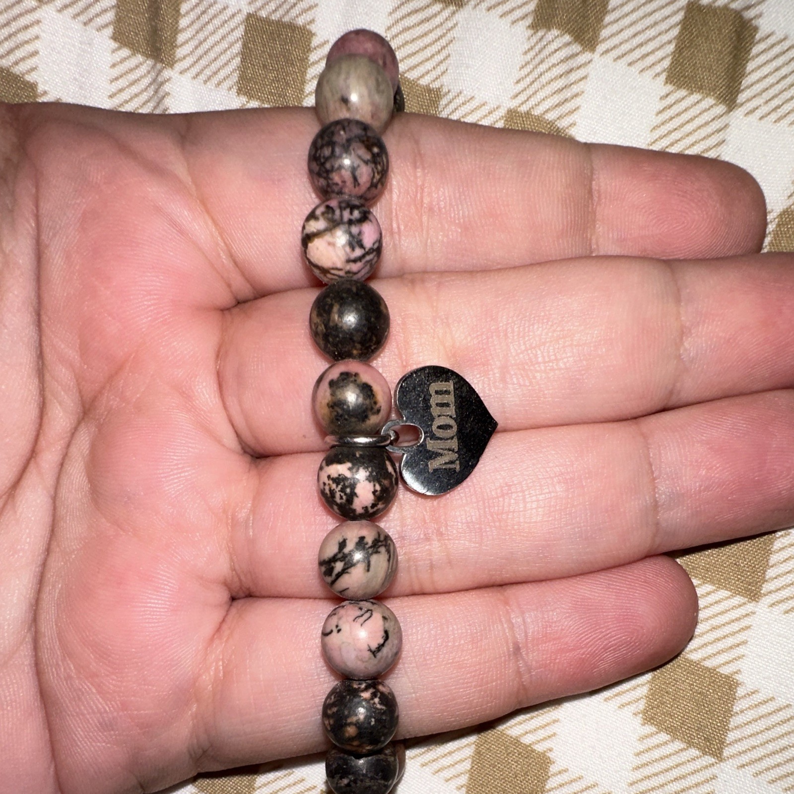Multicolor Stone Beaded Stretch Bracelet Round Beads Mom Heart Dangle Charm