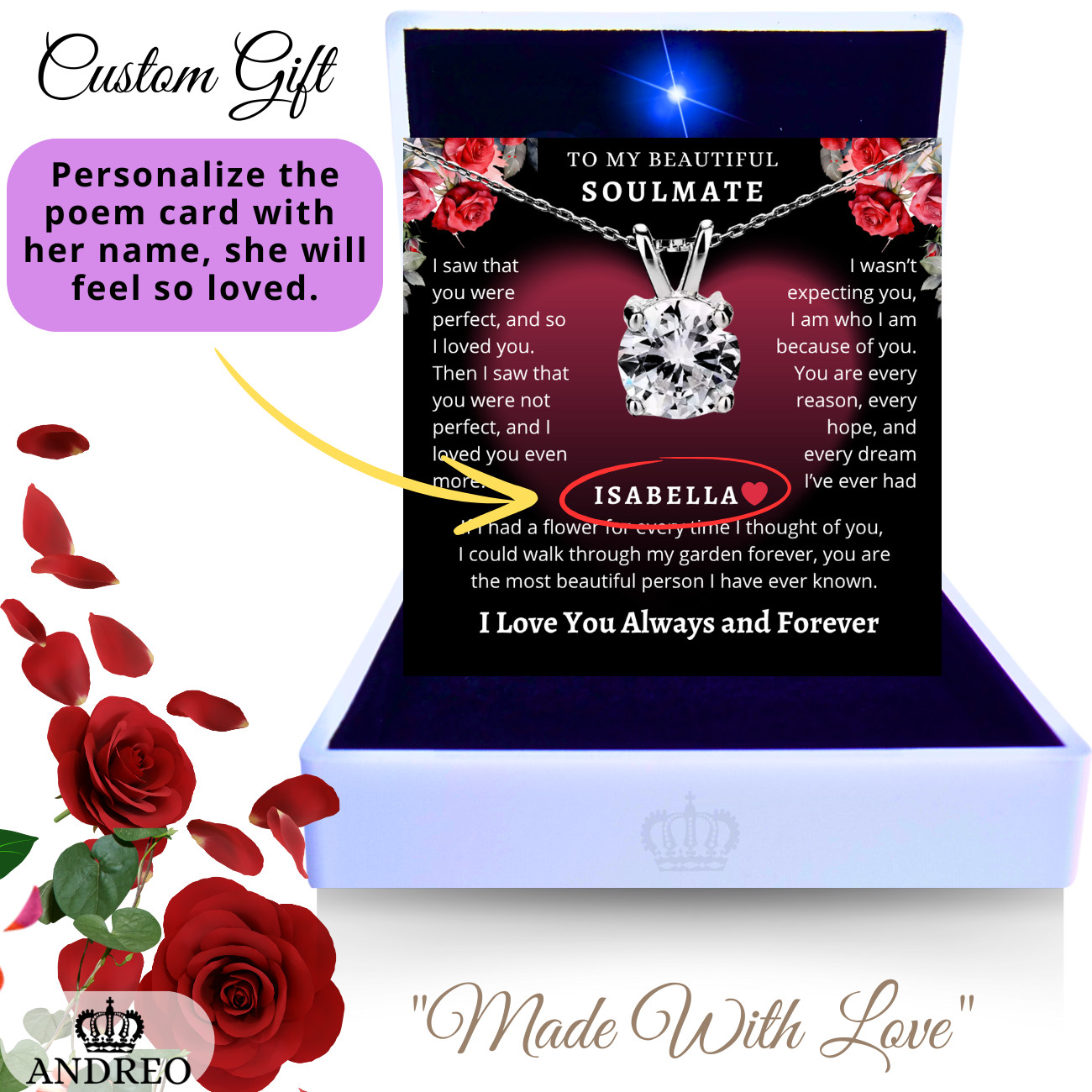 Solitaire Soulmate CUSTOM Romantic Love Necklace Girlfriend Birthday Gifts