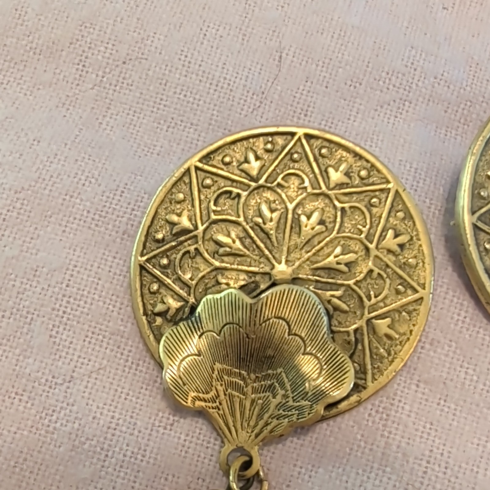 Brass Statement, Dual Layer, Geometric And Botanical, W/ Dangling Tiger Eye