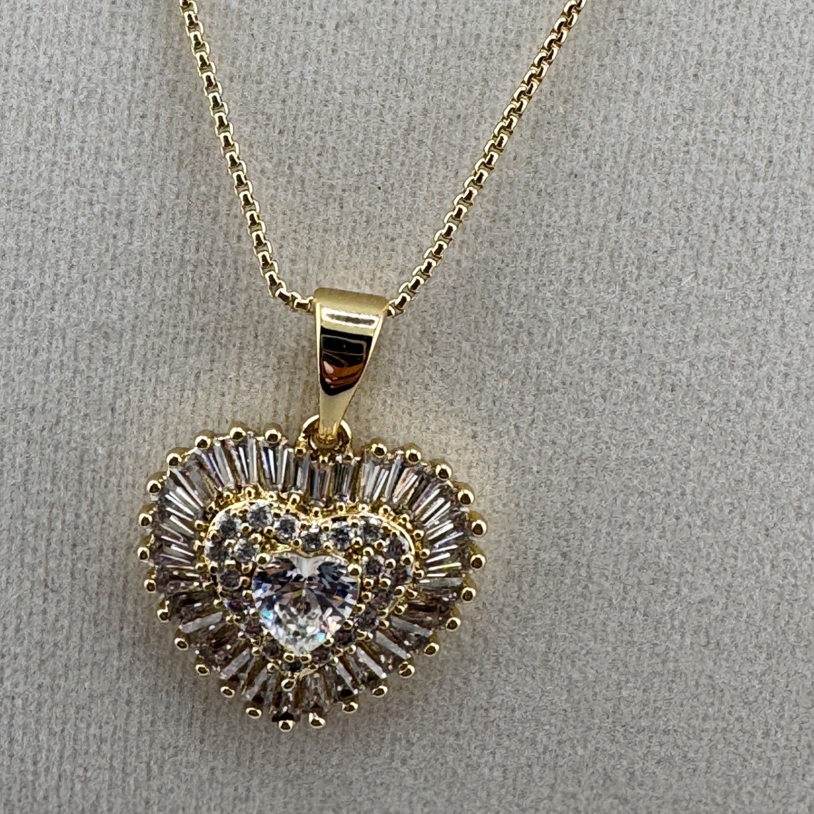 14k Gold Plated Heart Pendant Necklace Baguette Cubic Zirconia Box Chain Gold
