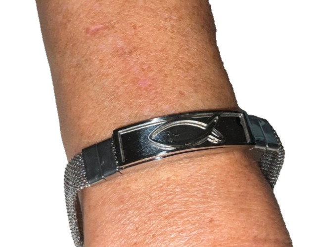 8” Unisex Christian Bracelet Jesus, Fish, Stainless Steel Mesh + Safety Clasp