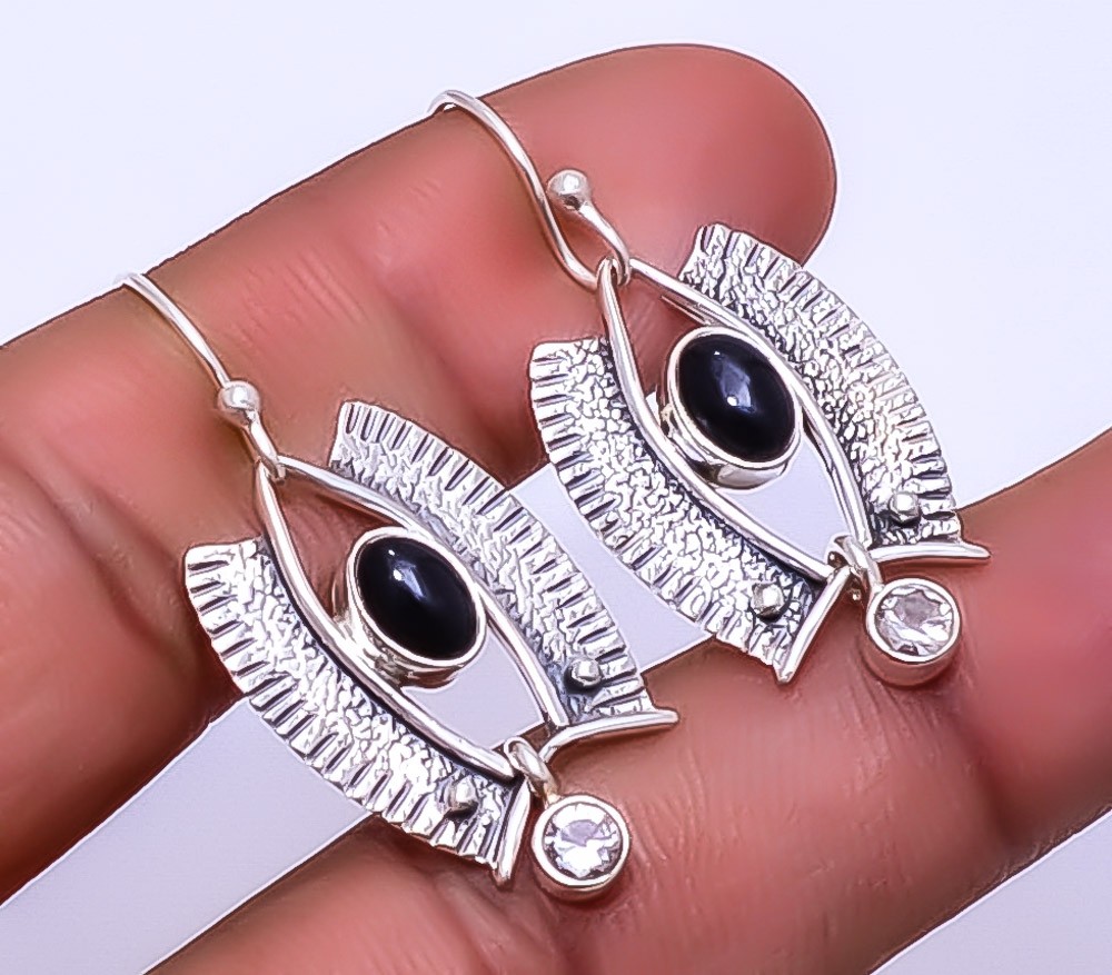 Black Onyx – Brazil, White Topaz 925 Sterling Silver Earring 1.56″ E7, Christmas