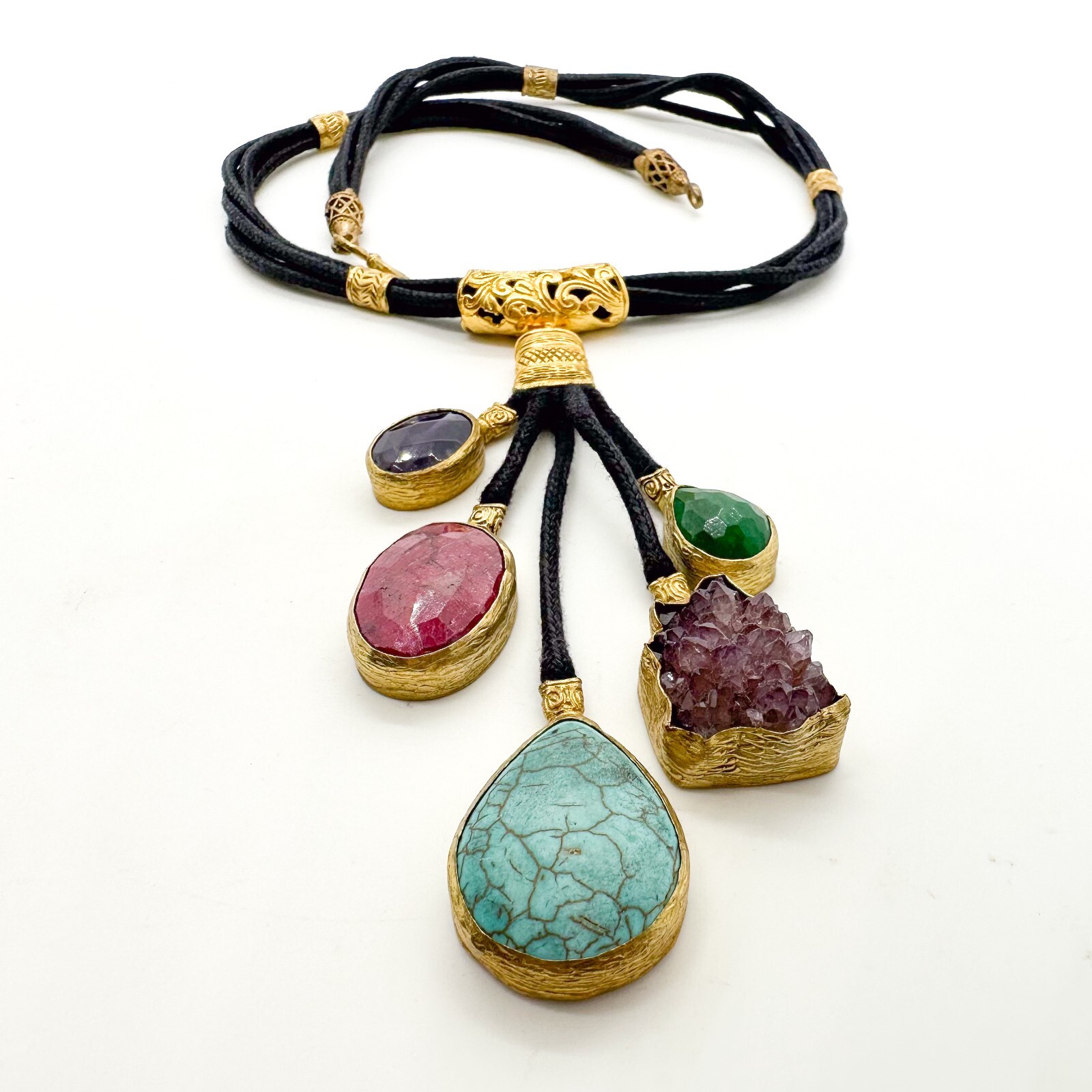 Vita New York Necklace Natural Multi Stone Gold Plated Cord Gold Plated Unsigned