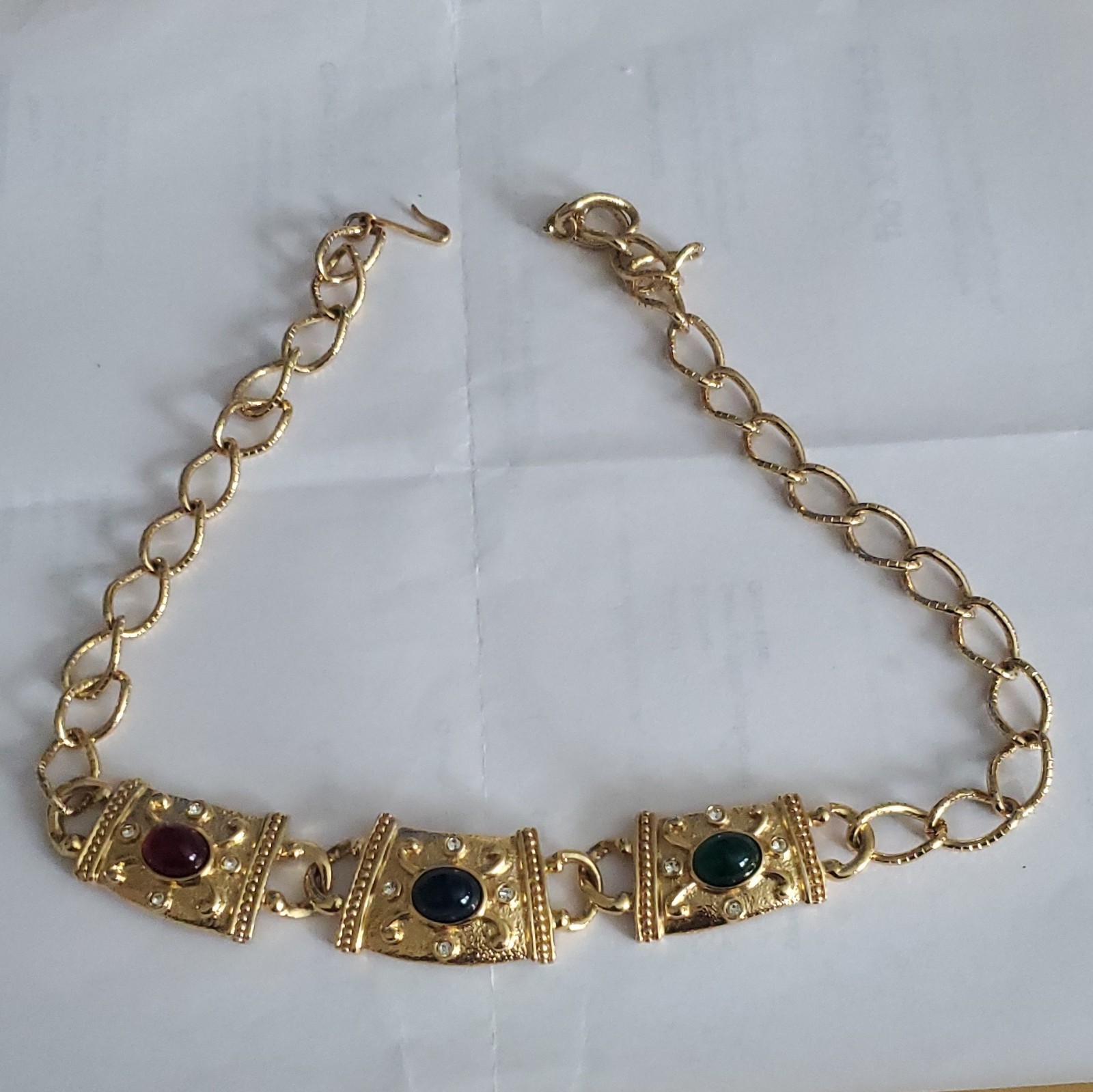 Avon Gold-Tone Link Chain Bracelet w/ Red Blue Green Oval Cabochons Signed