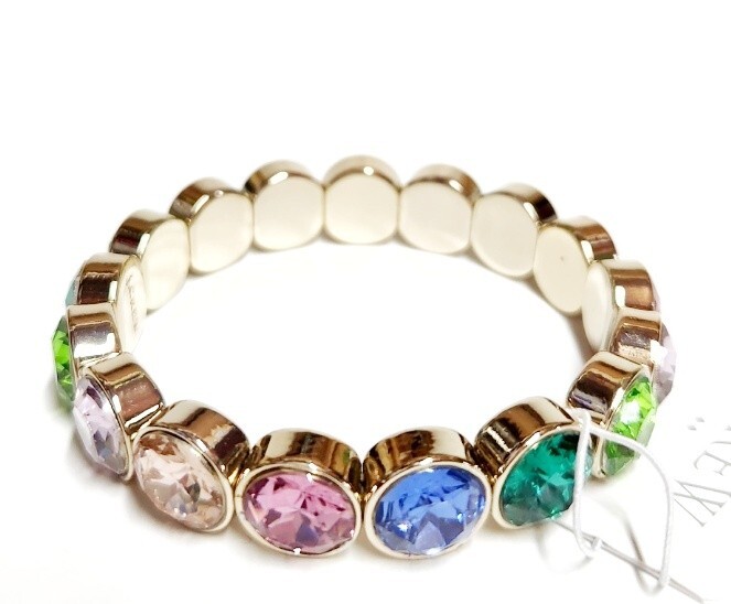 J.Crew Factory Crystal Gem Stretch Bracelet Rainbow Multi Gold Plated BN260 New