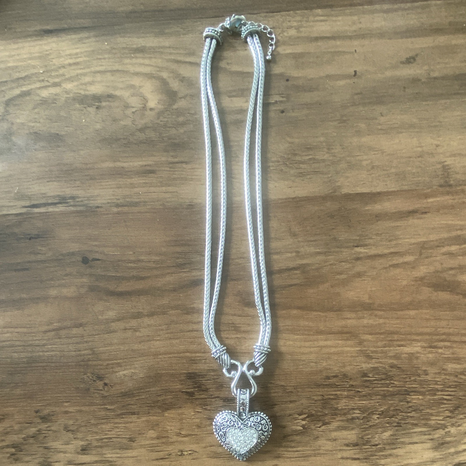 Silver Tone Snake Chain Necklace Heart Charm Pendant Pavé Crystal Adjustable
