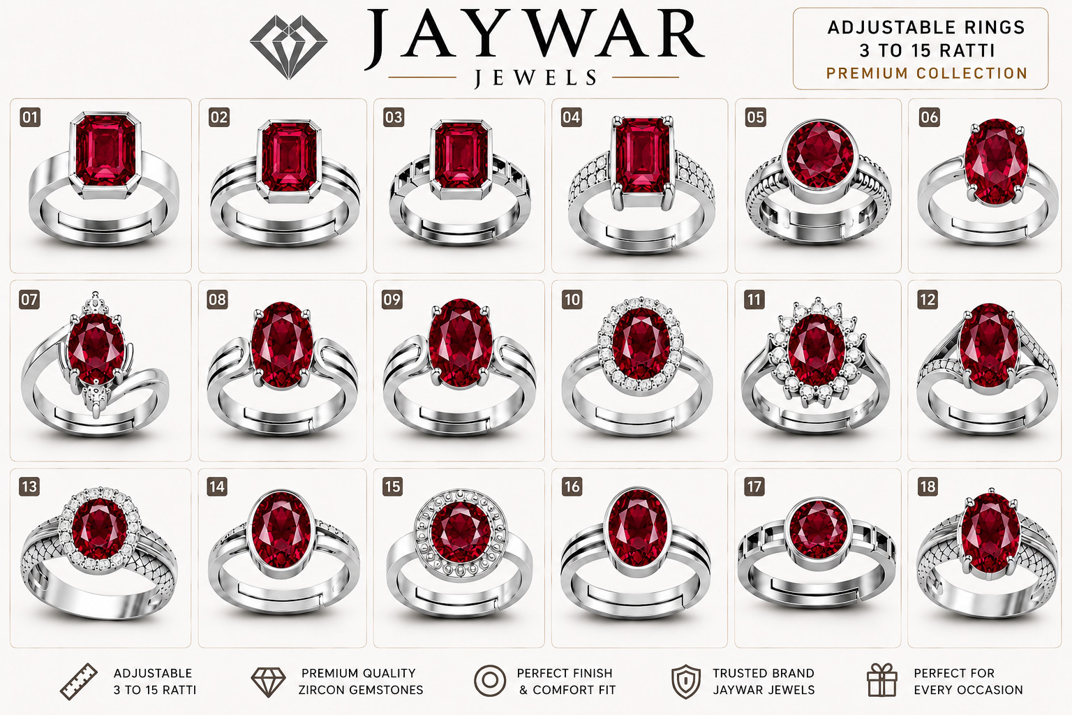 JAYWAR Adjustable Ruby Gemstone Ring Panchdhatu Silver Plated Unisex Ring