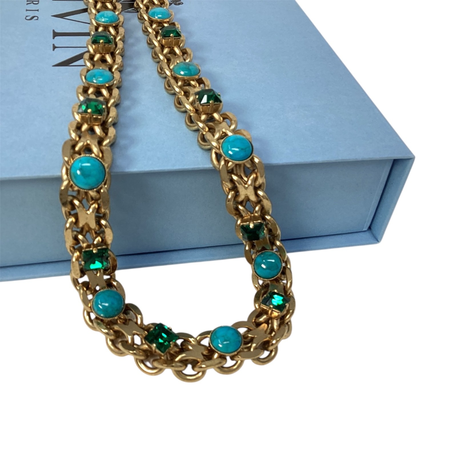 Lanvin Paris Long Necklace / Belt Gold-Tone Turquoise & Green Crystal New + Box