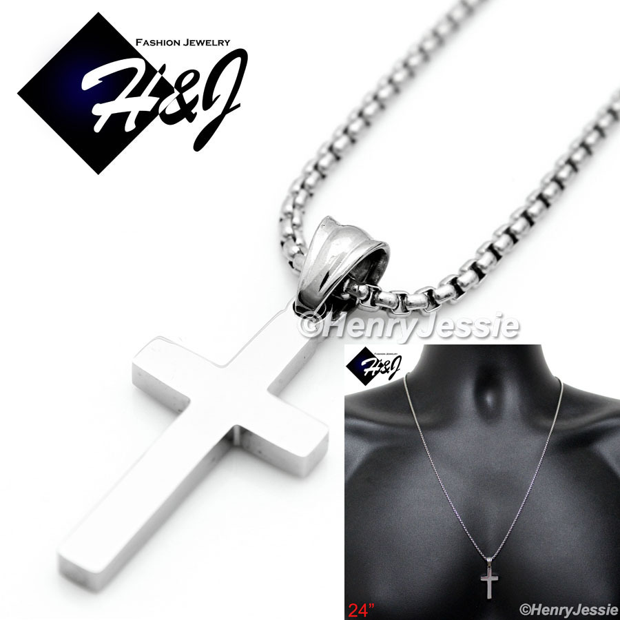 24″Stainless Steel 1.5mm Silver Smooth Box Link Necklace Plain Cross Pendant*P67