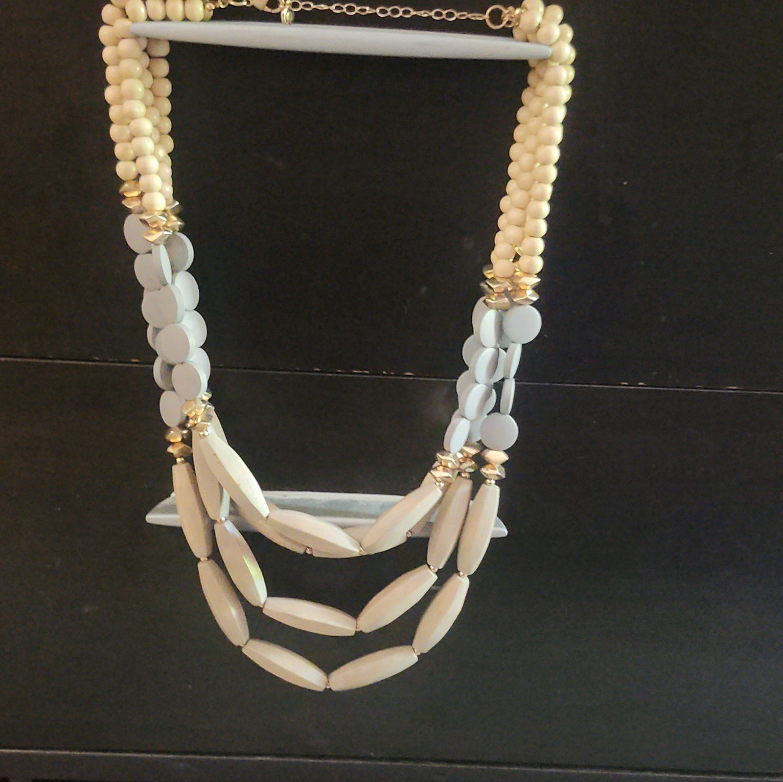 Multi-Strand Beige & Gray Beaded Statement Necklace, Plastic, Bohemian, No Stone