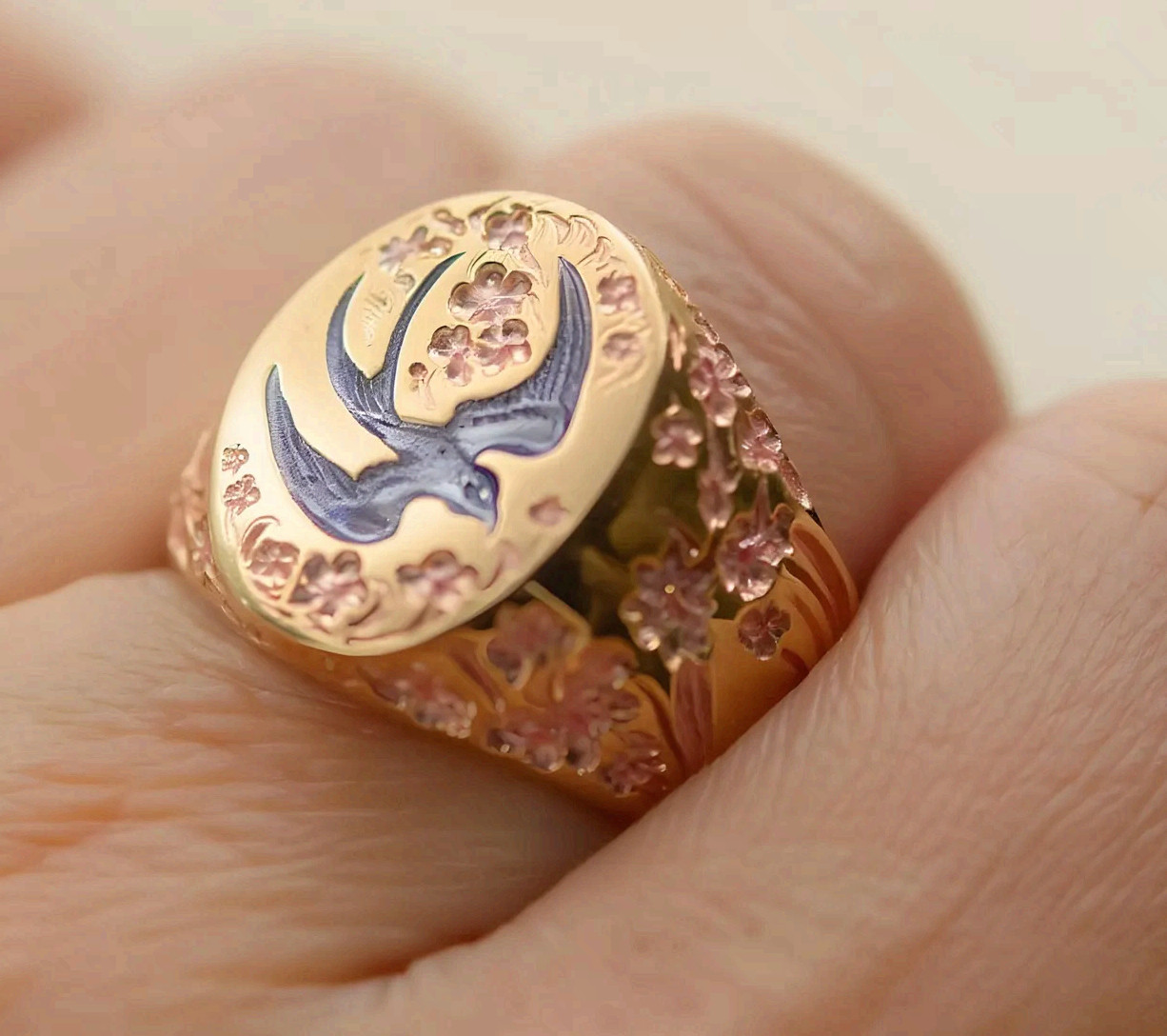 Rose Gold Copper Signet Ring Swallow Bird