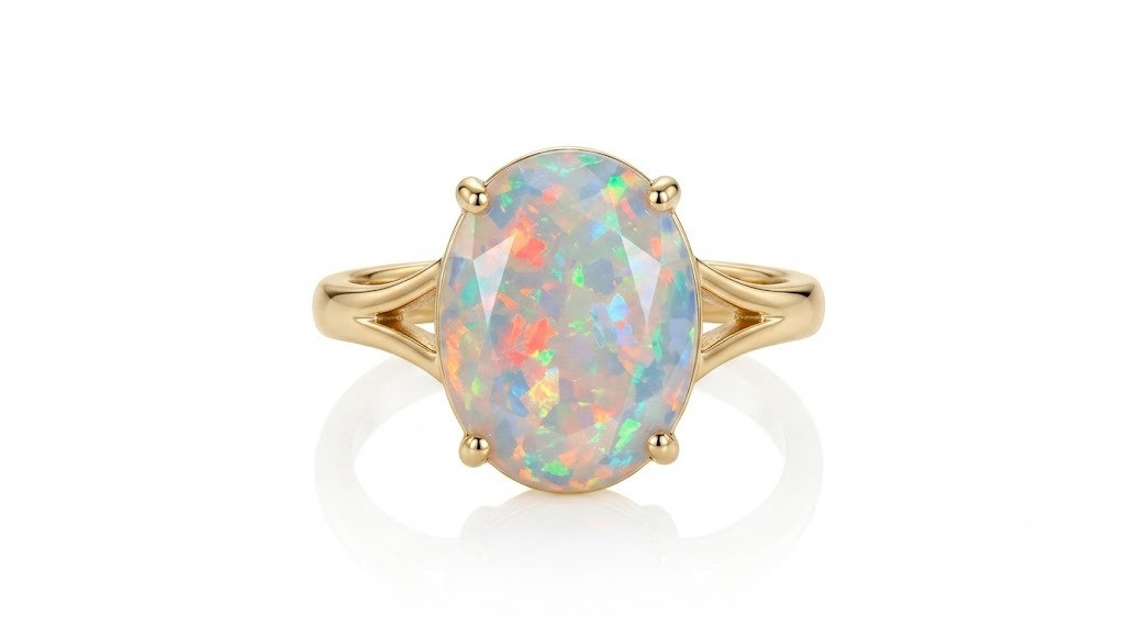 Oval White Fire Opal Ring Minimalist Statement Engagement Ring for Woman