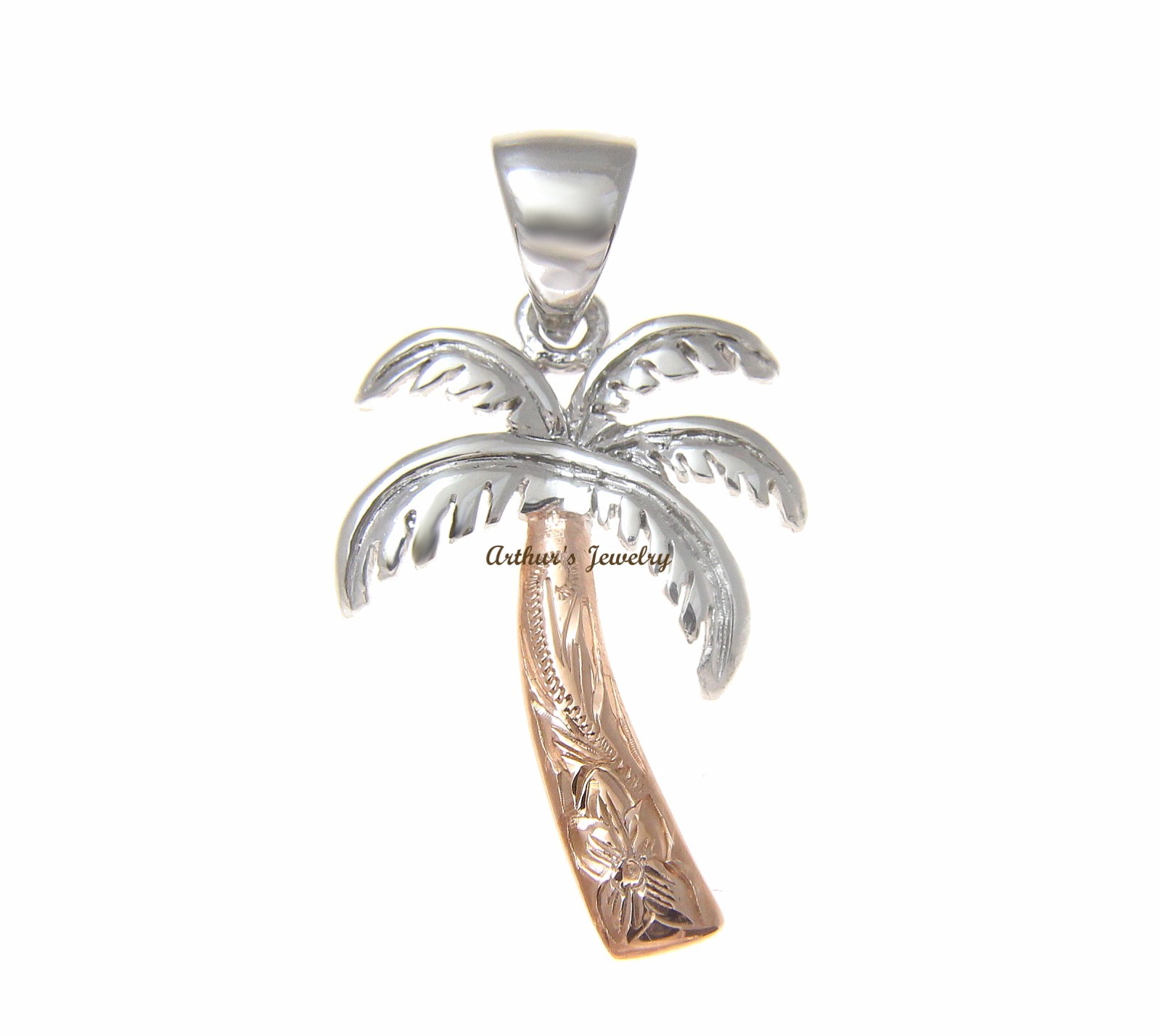 2 TONE 16MM ROSE PINK SILVER 925 HAWAIIAN PALM TREE SCROLL PENDANT RHODIUM