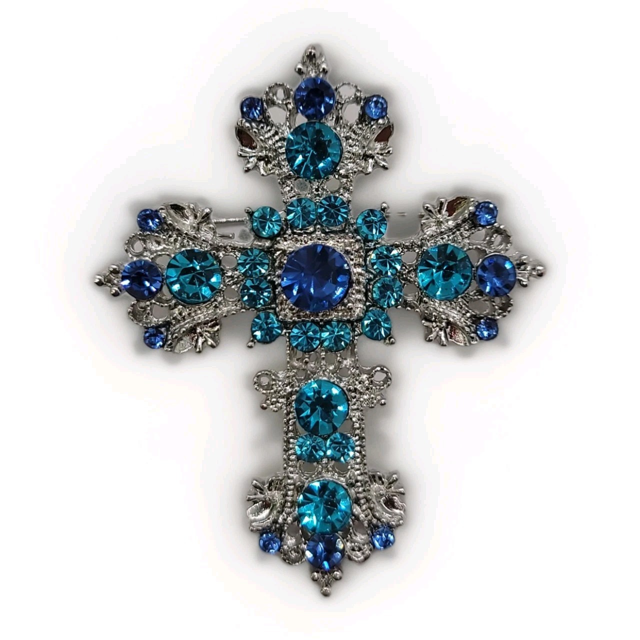 Blue & Clear Crystal Court Rhinestone Cross Brooch – Baroque Style Pin