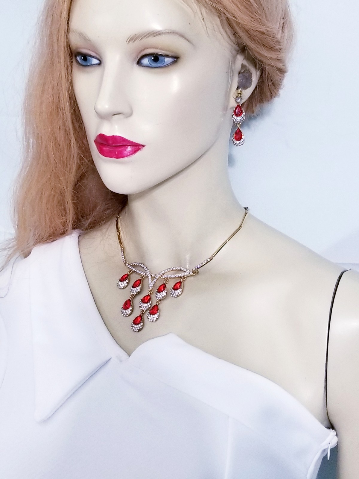 Necklace Earring Set Rhinestone Austrian Crystal Red Bridal Prom Jewelry