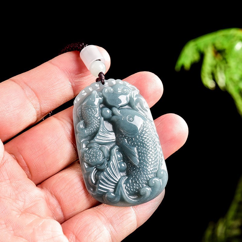 Certified Grade A Natural Jade Jadeite Carved Common Carp Lucky Pendant Necklace
