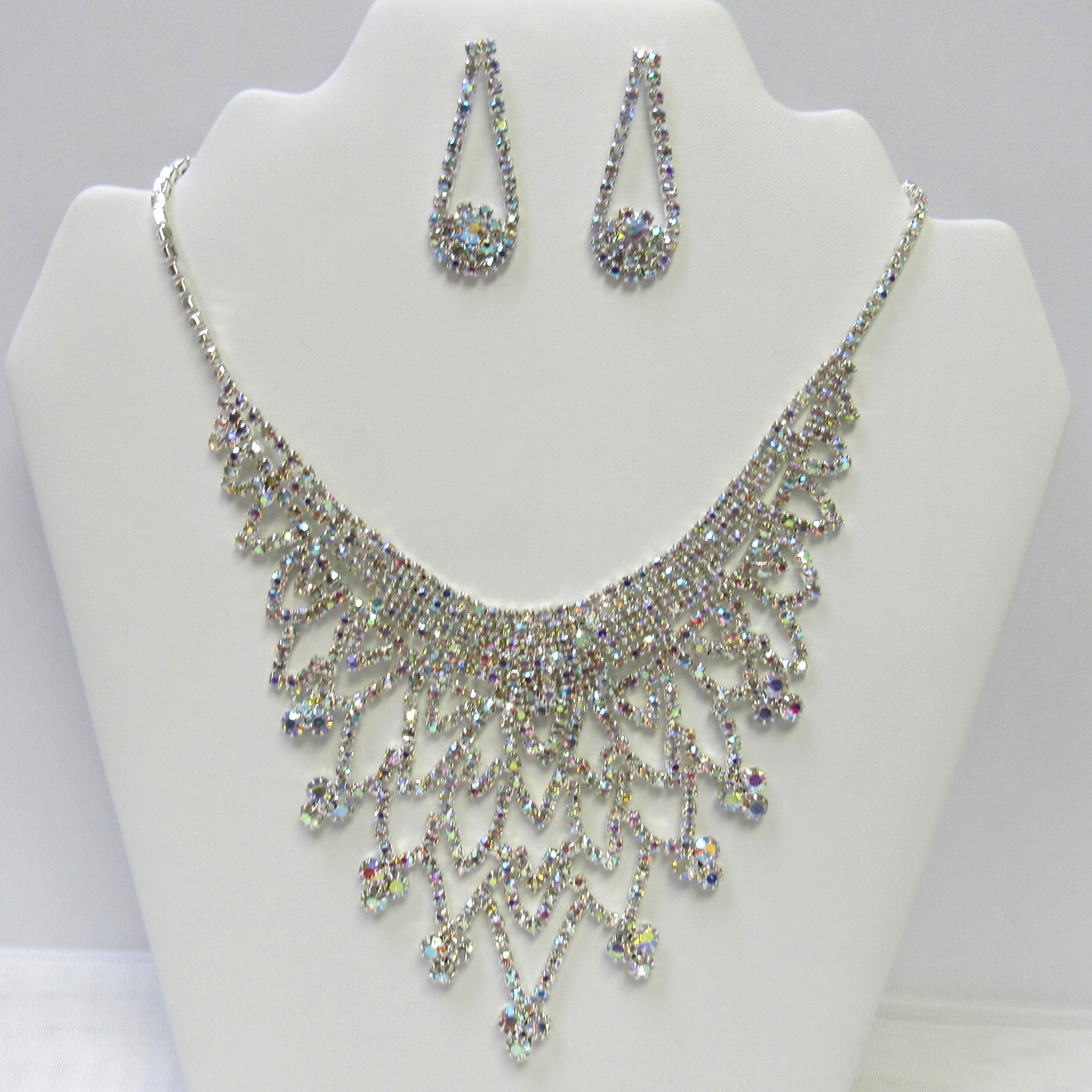 Silver Iridescent Rhinestone Necklace Set Wedding Prom Formal Evening #11815 NEW