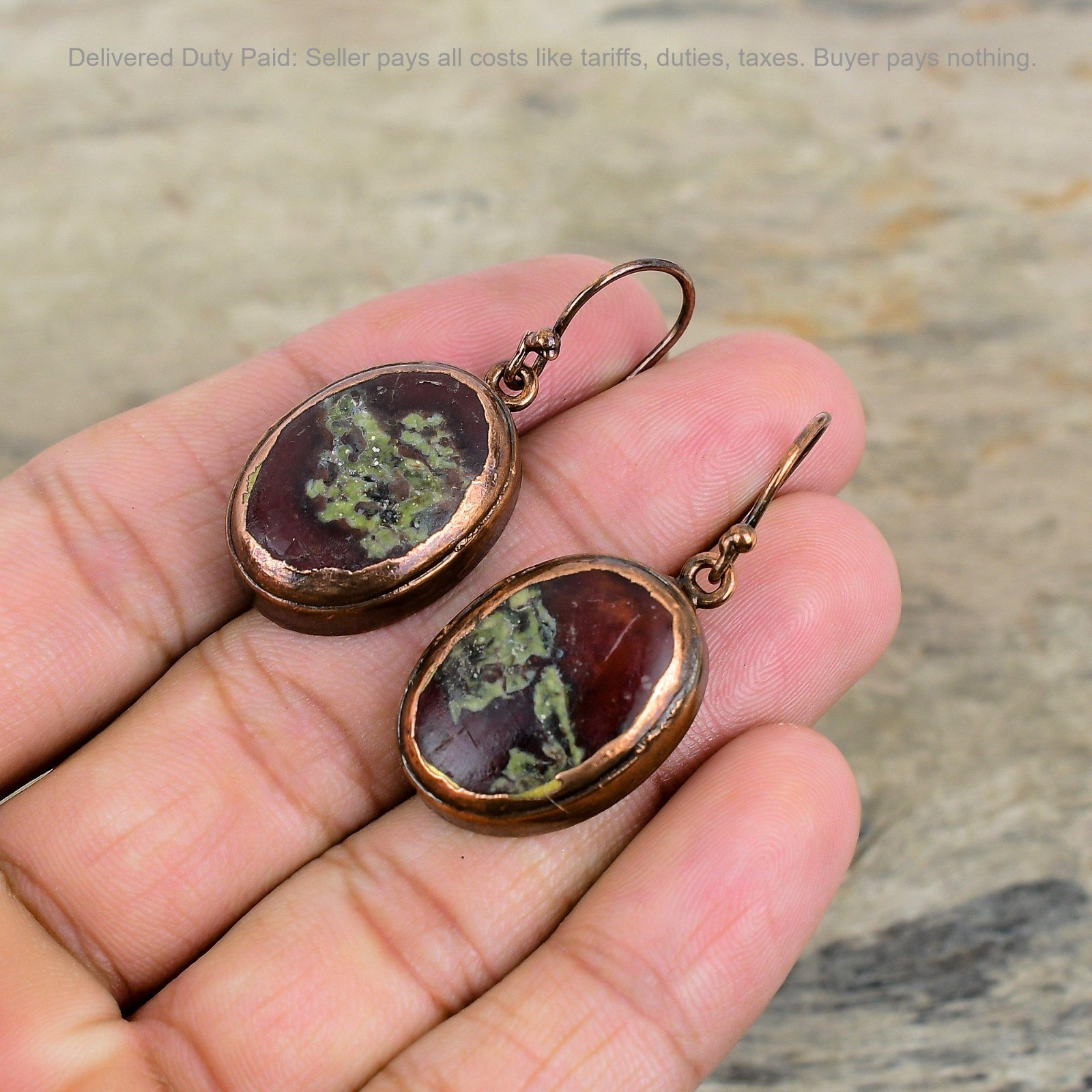 Copper Oval Dragon Bloodstone Stone Drop Dangle Electroformed Art Deco Earrings