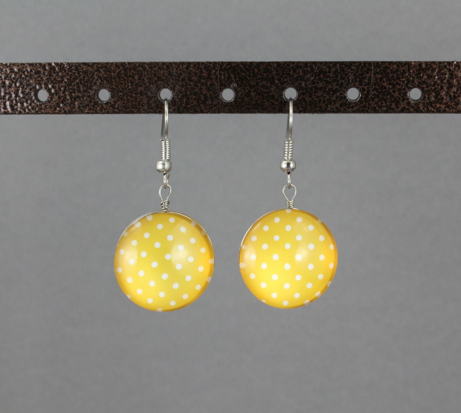 Yellow earrings polka dot dangle jewelry 1 5/8″ long medallion white dots