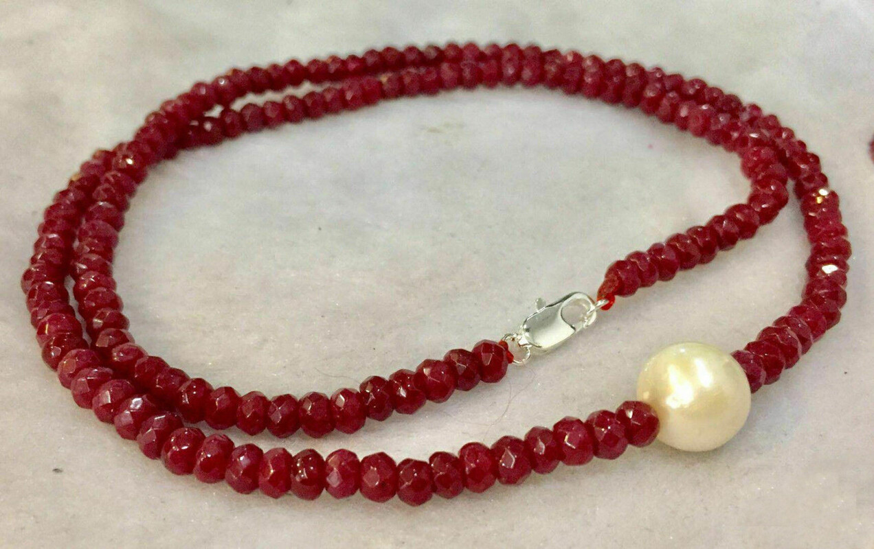 2x4mm Faceted Roundel Red Ruby 9-10mm White Pearl Gems Beads Necklace 18″ AAA