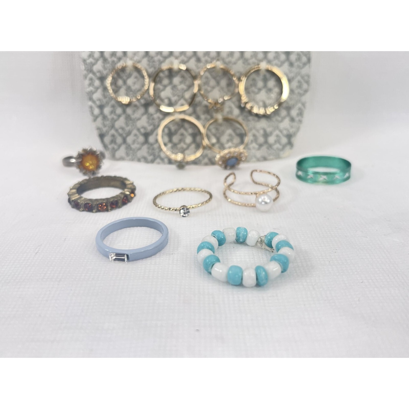 Lot of 13 World Market Ring Set Gold Tone w/ Rhinestones Pearl Beaded Jewelry