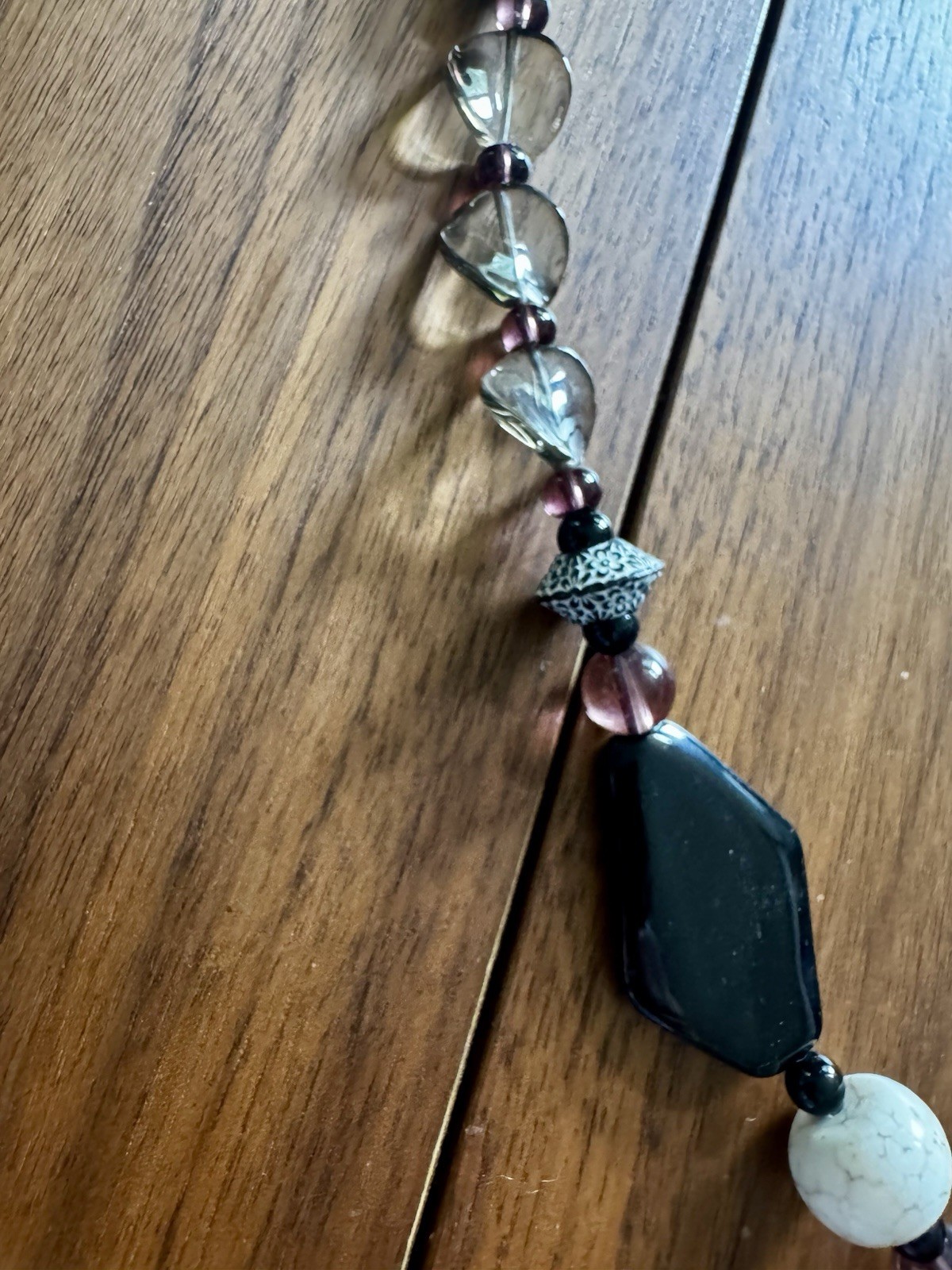 Beautiful Beaded Glass Necklace, Black White Purple Gray, Asymmetrical Charm