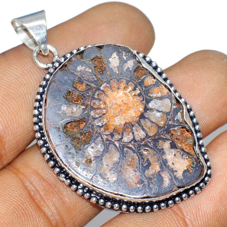 Exclusive Ammonite Fossil 925 Silver Plated Pendant 2.1″ Budget Friendly Gift JW