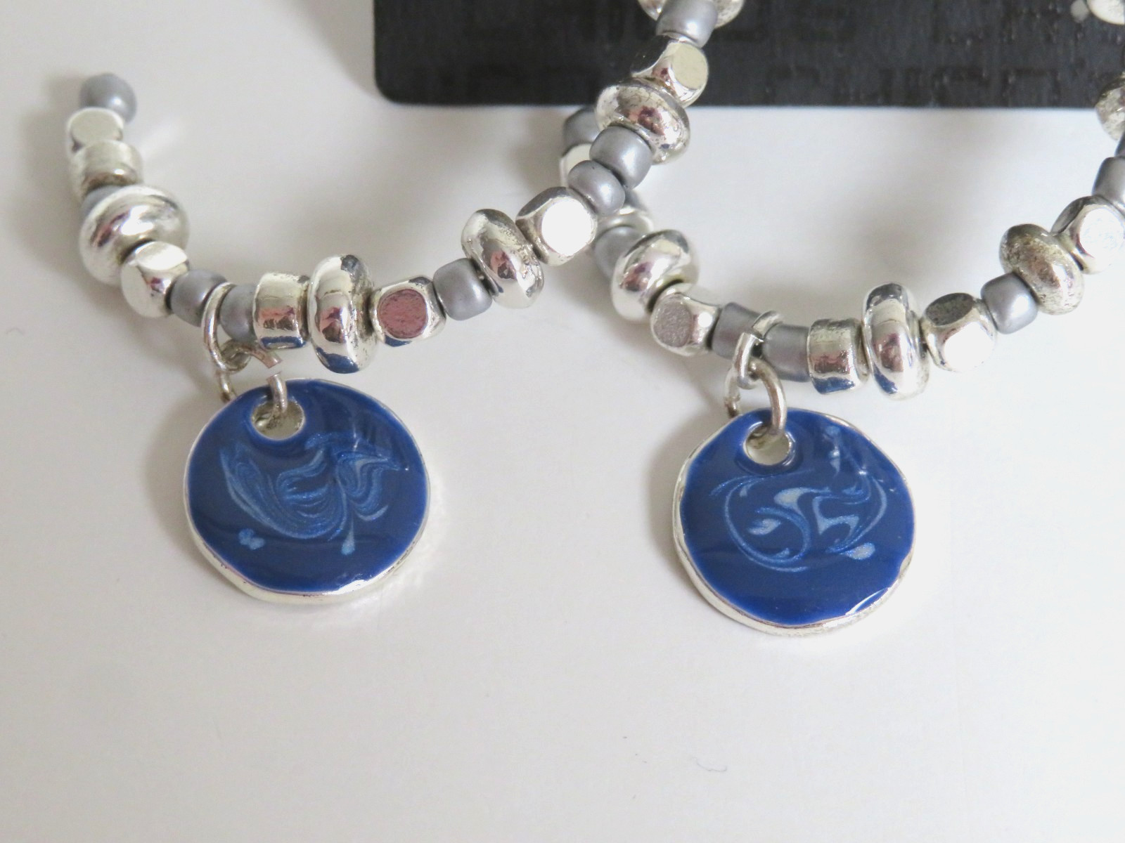 New Chico’s Silver Beaded 1/2 Hoop Earrings with Blue Enamel Dangle Accent