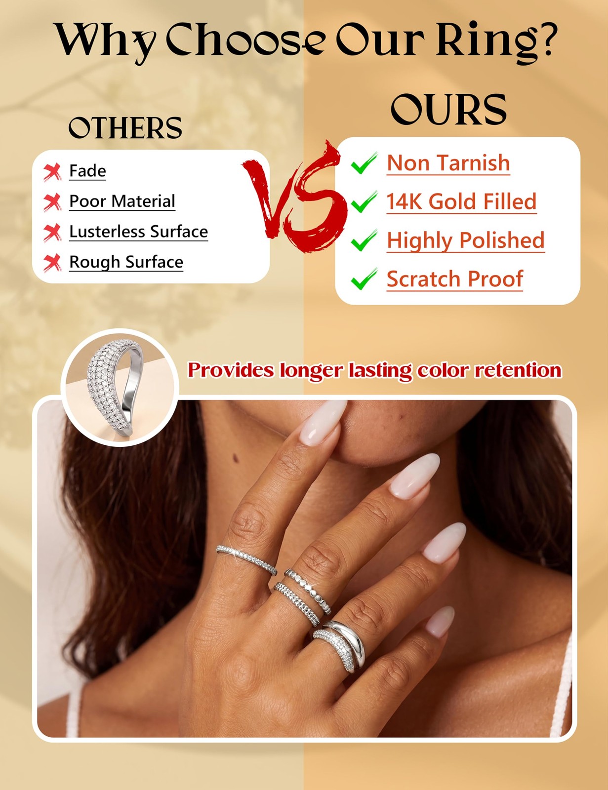 Stackable Rings for Women Non Tarnish Silver Plated Chunky Rings Dainty Cubic…