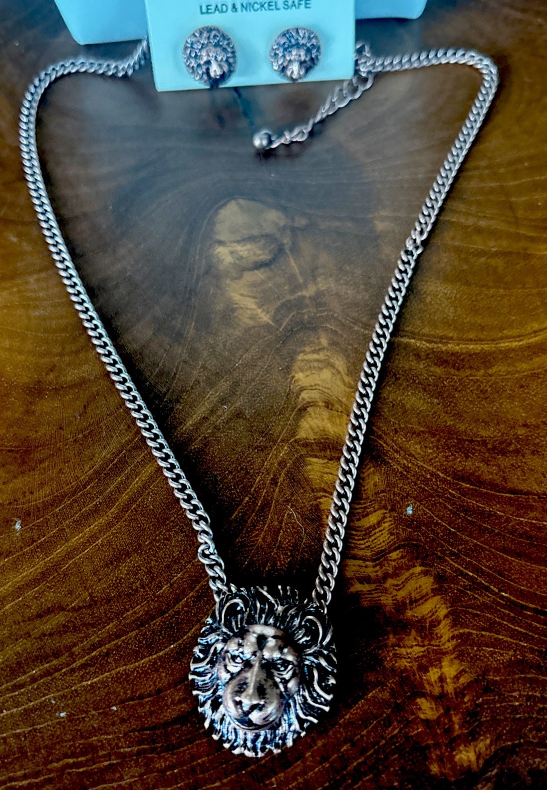 DaVinci Lion Head Bronze Necklace & Earring Set Unique NWT Up To 22” Necklace