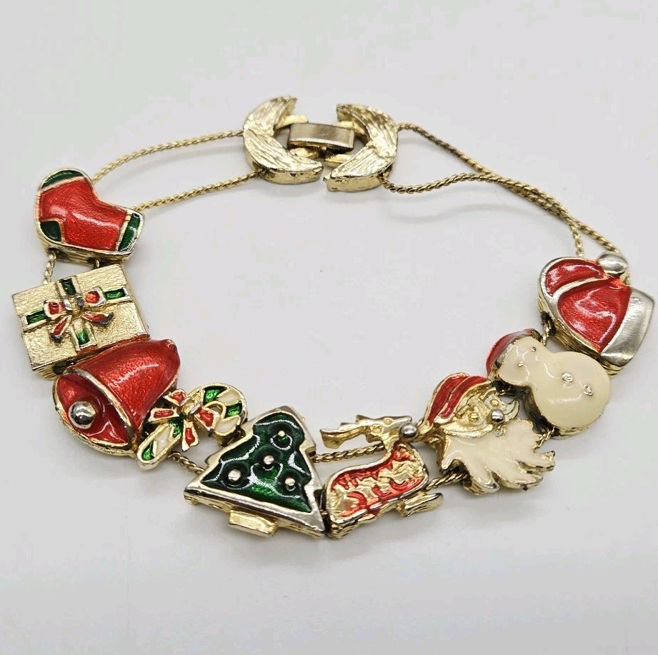 CHRISTMAS BRACELET Sliding Panel Charm Enamel Gold Tone Vintage 7 in #11