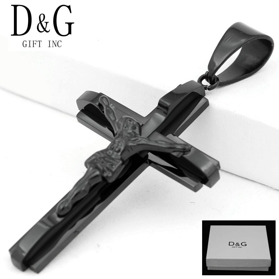 DG Men’s Black Stainless Steel,JESUS CROSS 72mm Pendant Ion Plated + Box