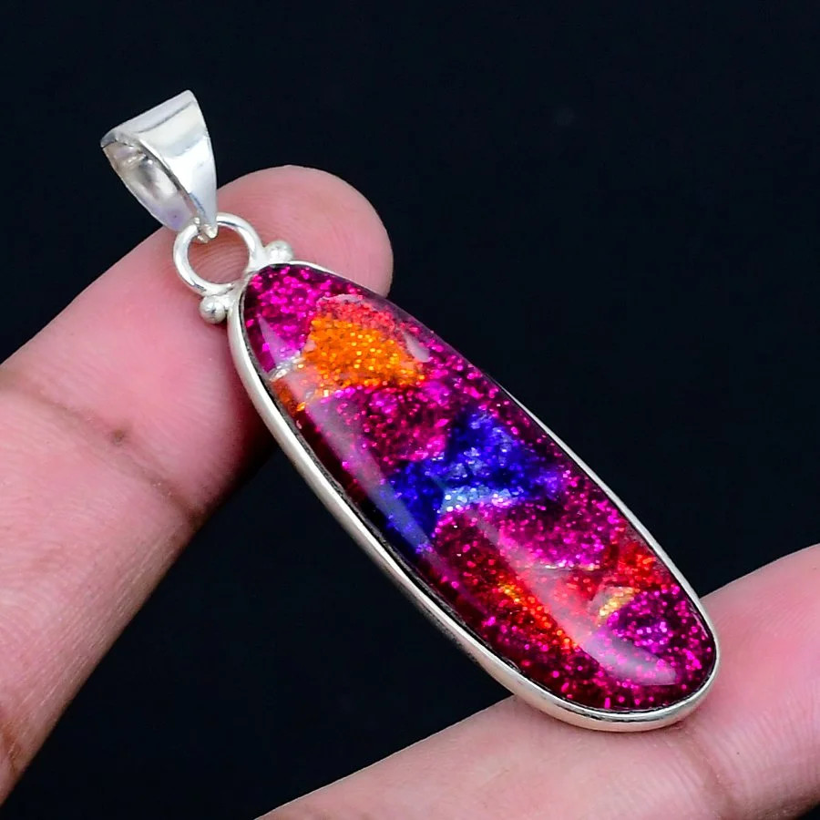 Dichroic Glass 925 Silver Plated Handmade Pendant of 2.05″