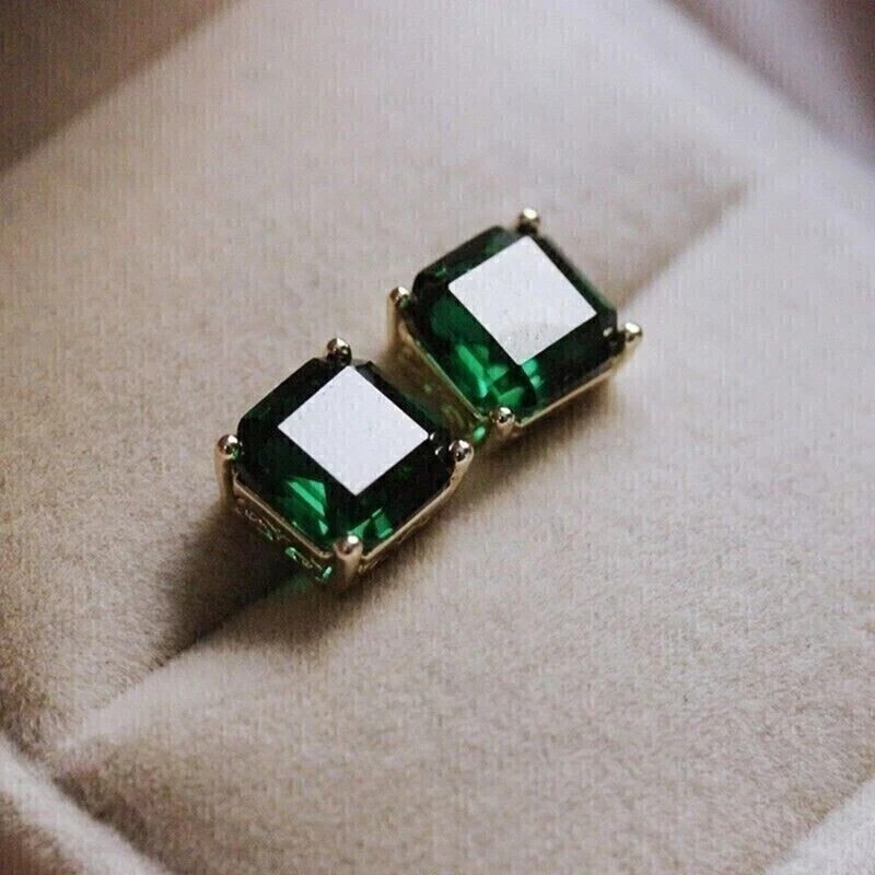 4Ct Cushion Lab-Created Emerald Solitaire Stud Earrings 14K White Gold Plated