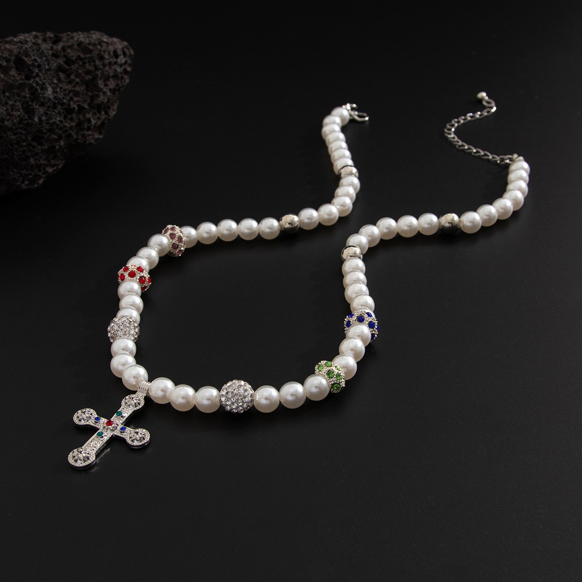 Alloy Imitation Pearl Cross Necklace Men Cubic Zirconia Beaded Pendant Jewelry