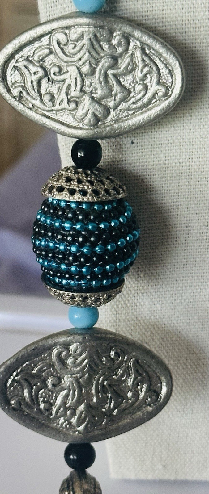 Multi Strand Blue Seed Bead 36 In Statement Necklace Silver Tone Artisan Boho