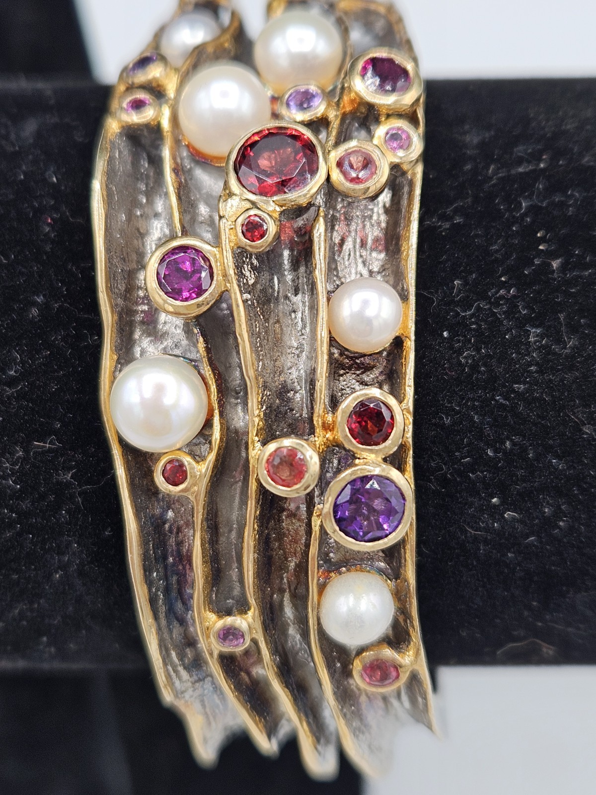 Silver Multi Gem FW Pearl Cuff Bracelet Gold Vermeil Sapphire, Garnet, Amethyst