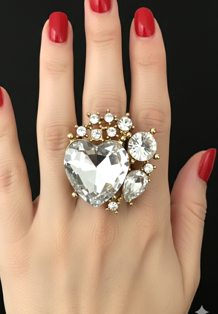 1.3/8″ Drop Bold Clear Crystal Heart Stretch Cocktail Ring Costume Jewelry