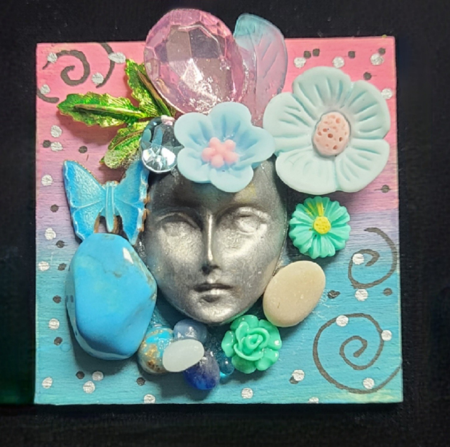Pretty Floral Lady! Wearable Art! w Crystals Butterfly Stone Glass Pinks Blues!