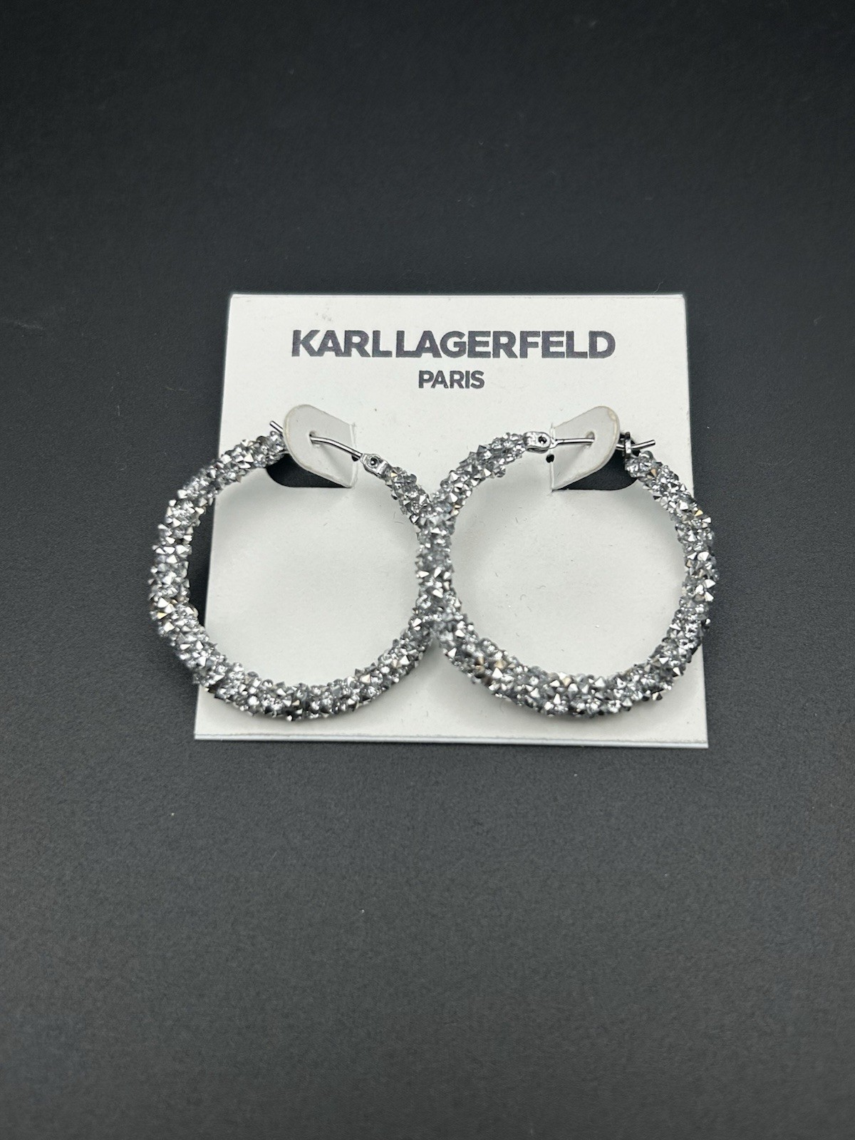 Karl Lagerfeld Silver Crystal Hoop Earrings Hinged Closure, Metal