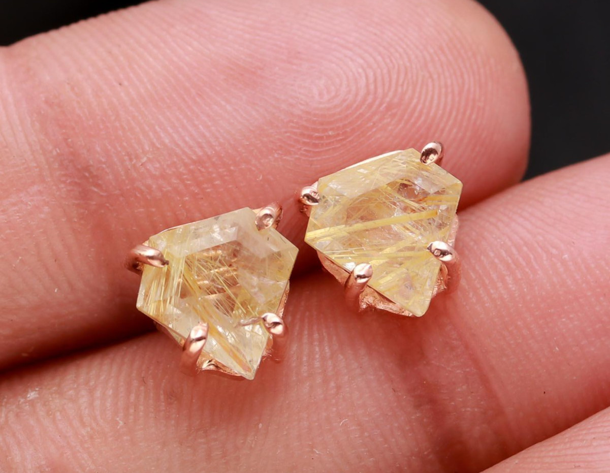 Natural Golden Rutile Shield Stud Earrings Rose Gold Filled Solid Silver Jewelry