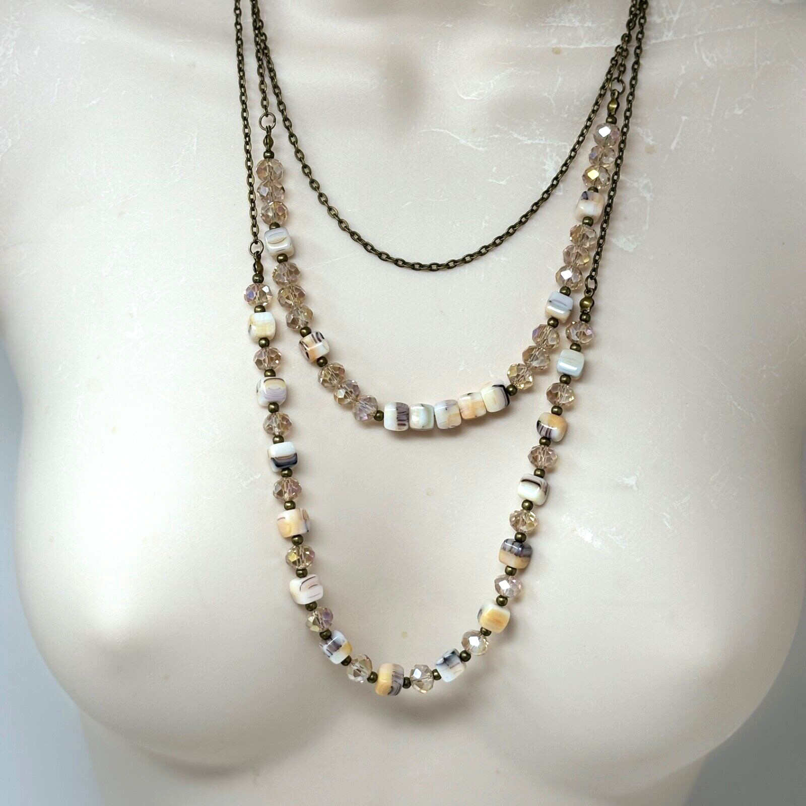 Set of Three Bronze Tone Chain Beaded Necklaces Pale Pink and Purple Peach Swirl