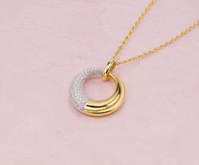 1.00Ct Simulated Diamond Two-Tone Circle Pendant Necklace 14K Yellow Gold Plated