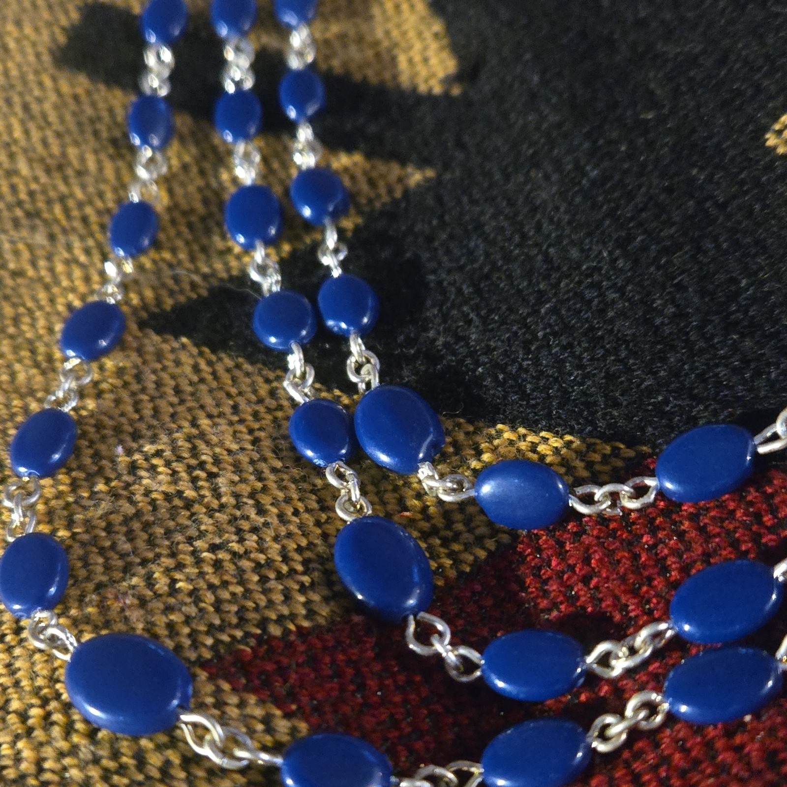 Avon Blue Multi-Strand Beaded Cable Chain Necklace Silver Tone Flower Links
