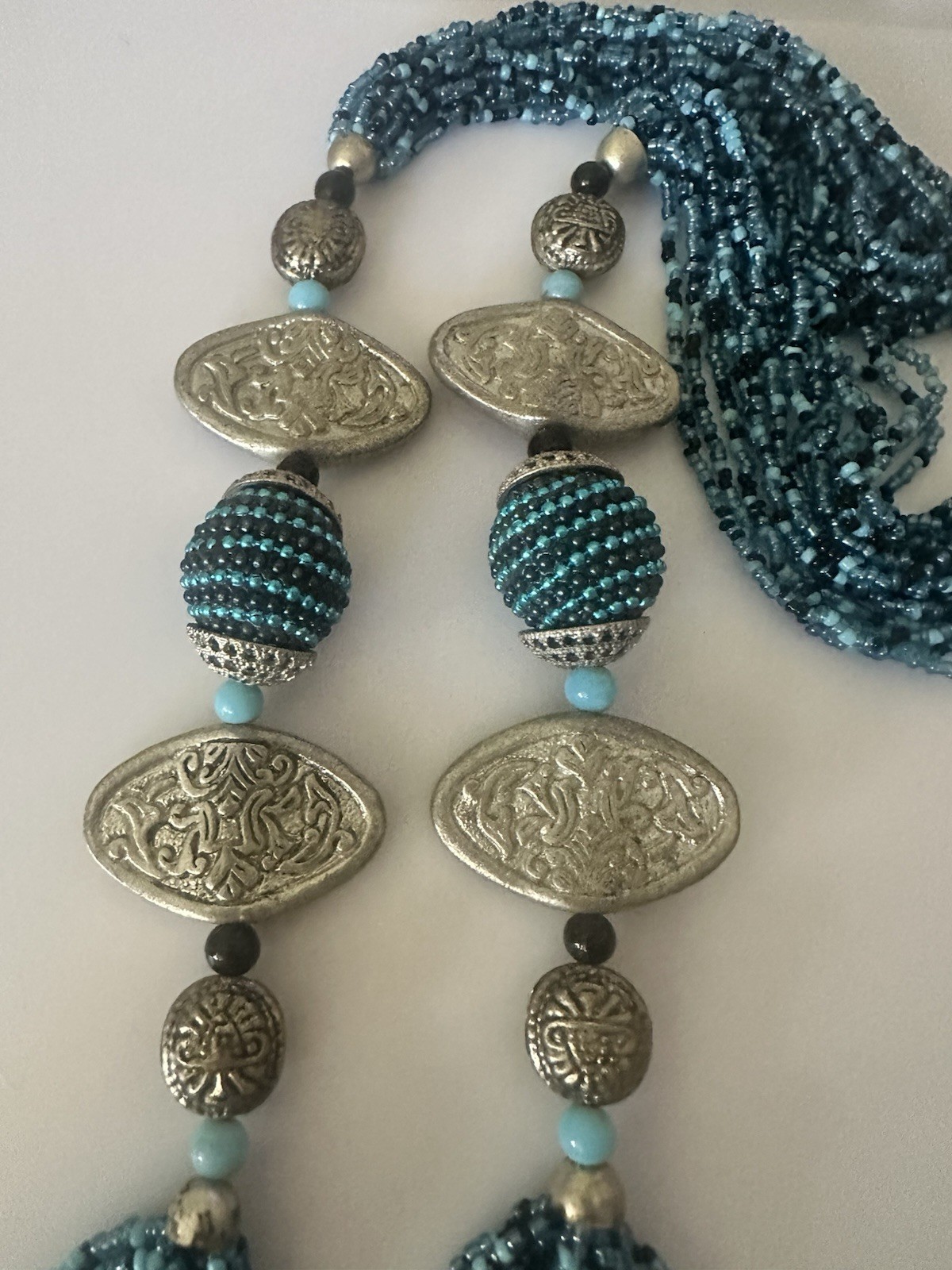 Multi Strand Blue Seed Bead 36 In Statement Necklace Silver Tone Artisan Boho
