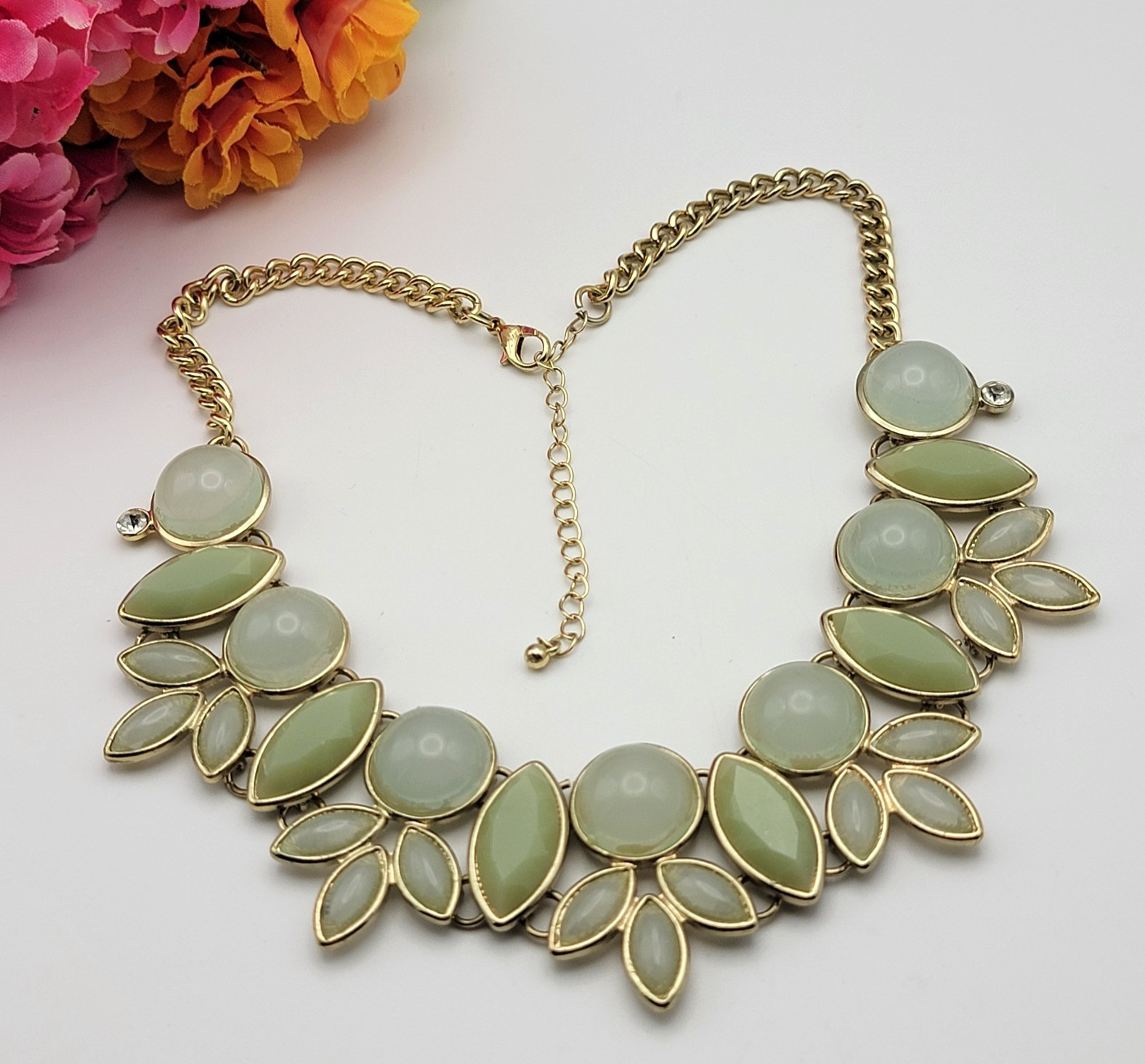 Gold Tone Aqua Green Cabochon Statement Bib Necklace 19″ Adj.