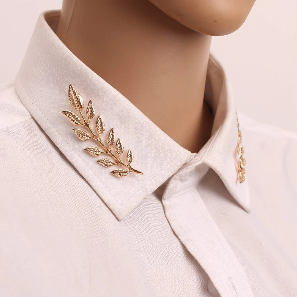 1 Pair Golden Alloy Tree Branch Shape Brooch for Women Men Suit Shirt Collar.