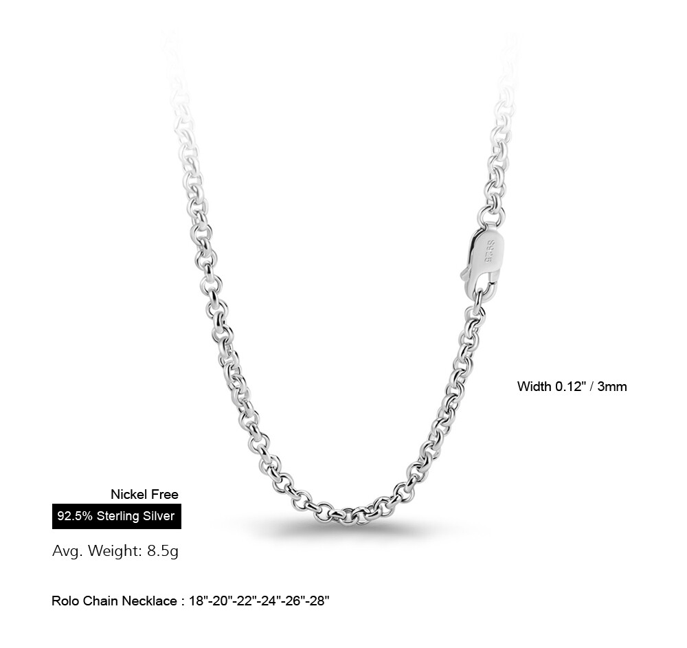 925 Sterling Silver 3mm Rolo Round Cable Chain Necklace 18″-28″ for Women & Men