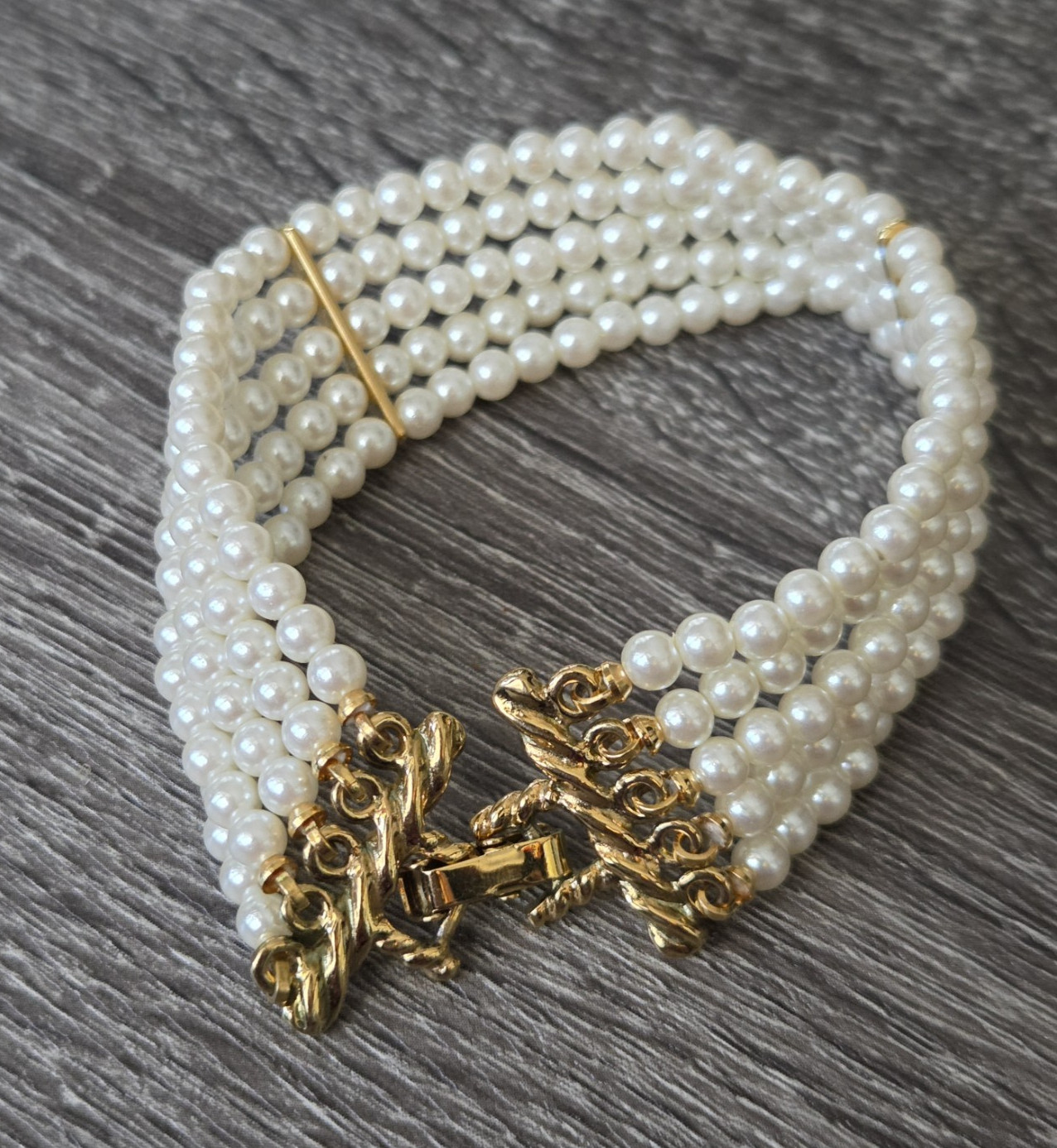 Multi-Strand White Faux Pearl Beaded Bracelet Gold Tone Box Clasp 7 in